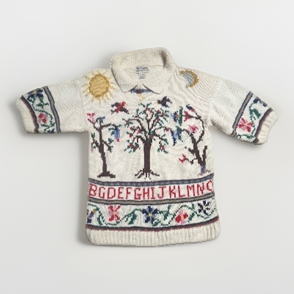 VTG Tanner Country Alphabet Sampler Sweater Womens M Ramie Cotton Teacher Folk